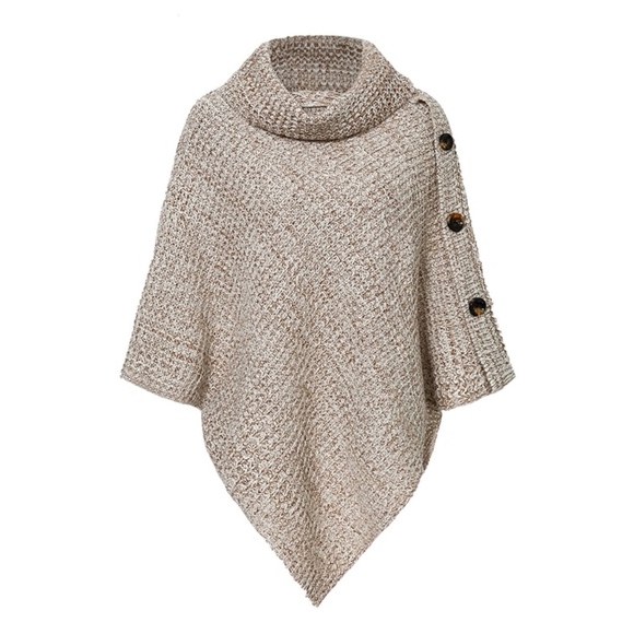 Beige Marled Buttoned Asymmetrical Knit Poncho - Picture 2 of 4